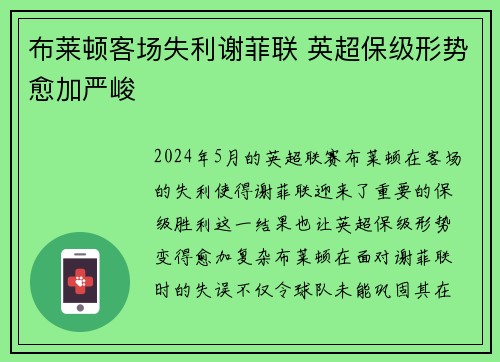 布莱顿客场失利谢菲联 英超保级形势愈加严峻 布莱顿客场失利谢菲联 英超保级形势愈加严峻